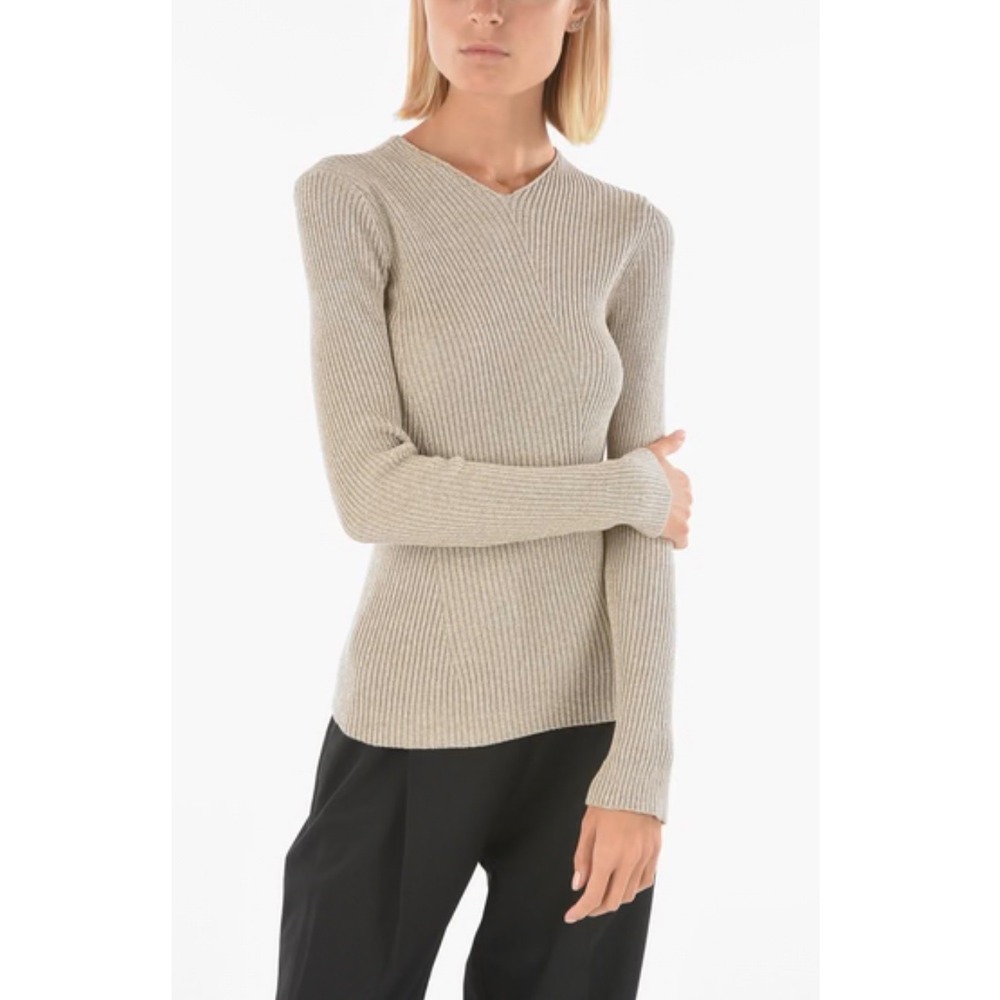 AERON Archeo Ribbed Knit V-Neck‎ Sweater S Beige Tan Designer Minimalist Luxury